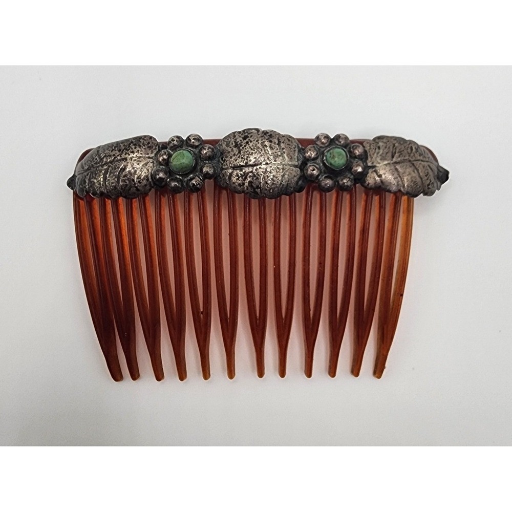Vintage Mexico Navajo Style Hair Comb Clip Silver Turquoise Stones Floral/Leaf